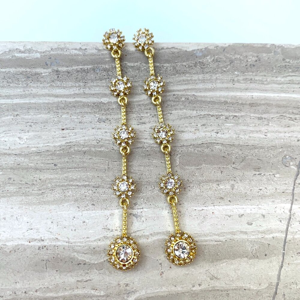 NEW~ Anthropologie Graduated Long Crystal Drop Gold Earrings - Picture 7 of 11